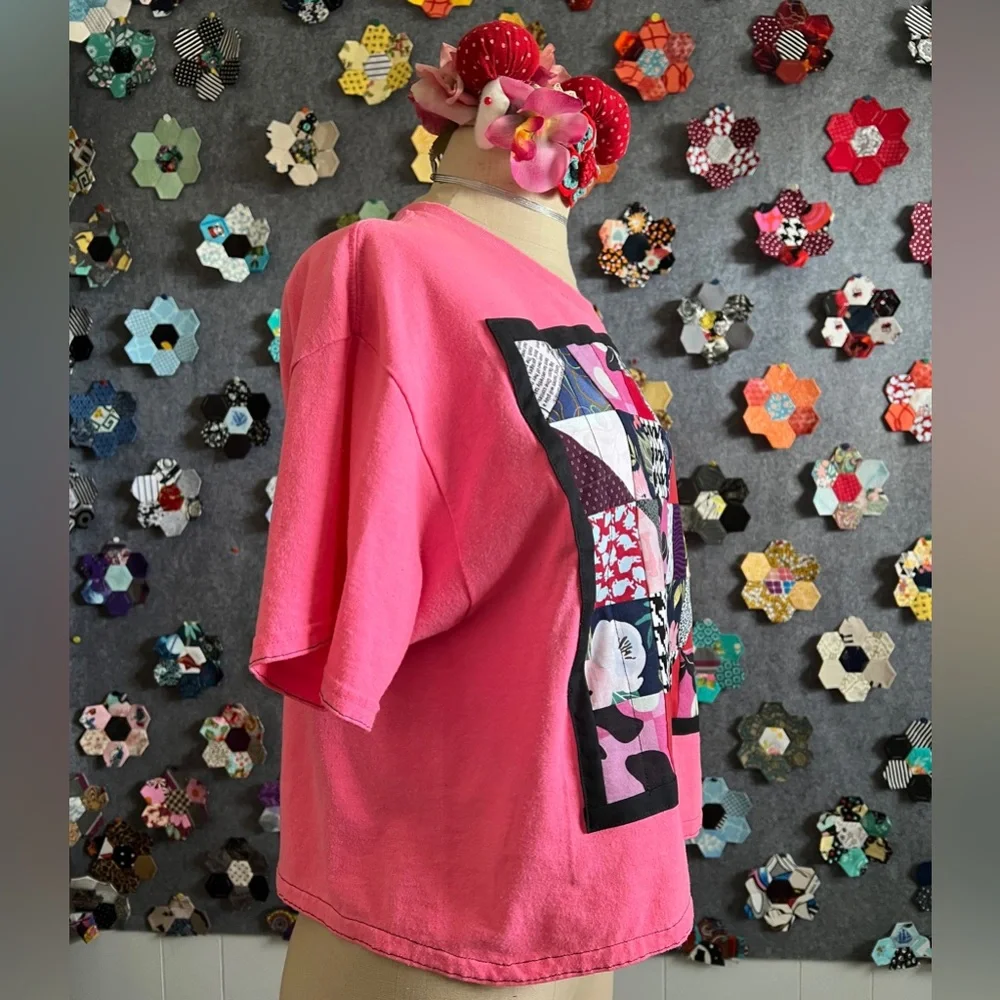 Neon Pink Bright Patchwork Crop Tee - Picture 8 of 16